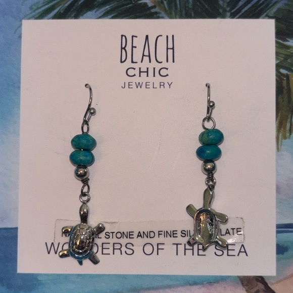 BEACH CHIC HANDMADE JEWELRY Turtle&Turquoise Sterling Silver Plated Earrings NIB - Picture 7 of 7
